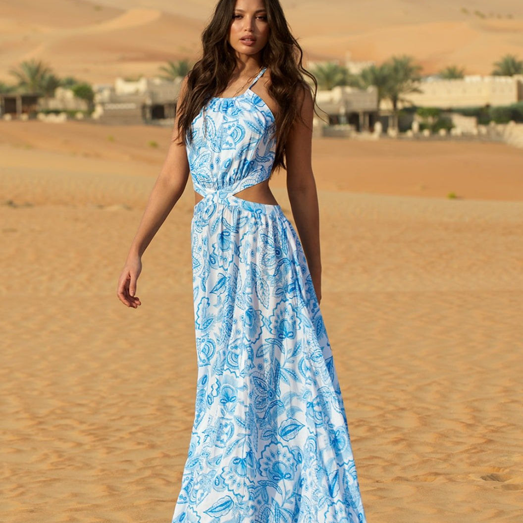 Elva Paisley Baskılı Sırtı Açık Kesik Uzun Elbise