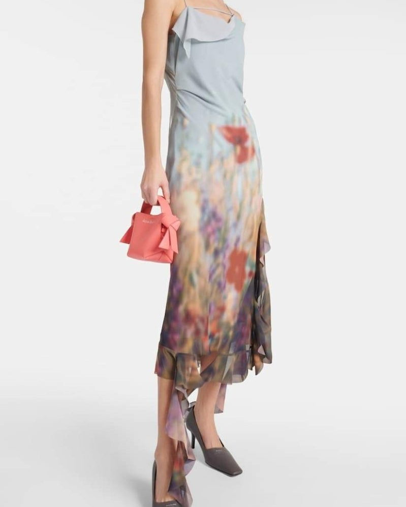 Elvira Çiçek Baskılı Volanlı Midi Slip Elbise