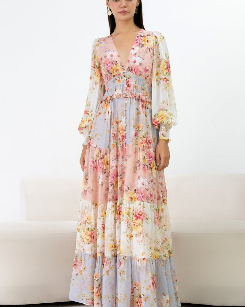 Elvira Baskılı Büzgülü V Yaka Katlı Uzun Elbise