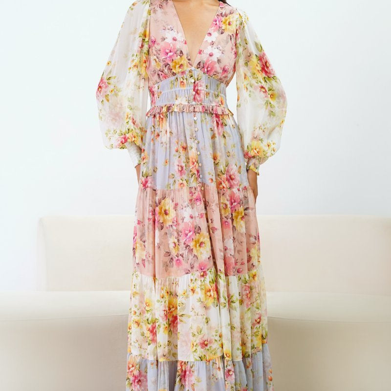 Elvira Baskılı Büzgülü V Yaka Katlı Uzun Elbise