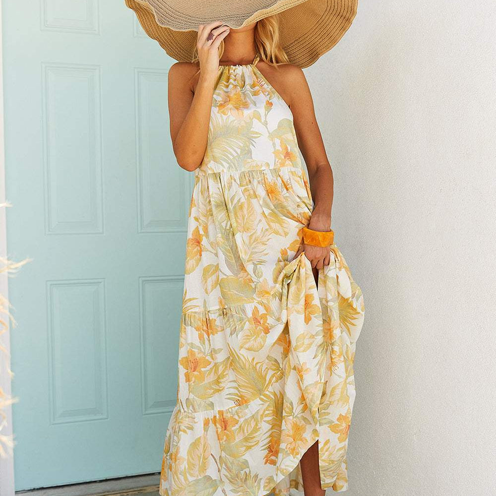 Ely Baskılı Ayçiçeği Boyundan Bağlı Sırtı Açık Uzun Elbise