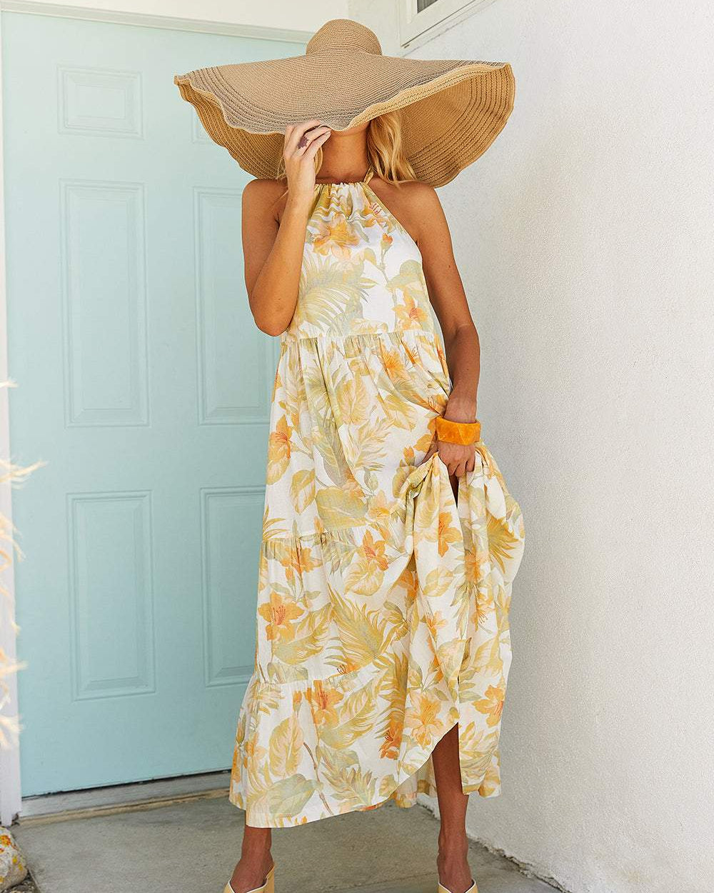 Ely Baskılı Ayçiçeği Boyundan Bağlı Sırtı Açık Uzun Elbise