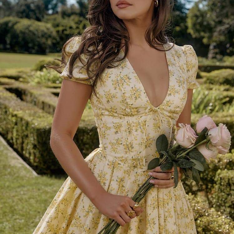 Emily Çiçekli V Yaka Korse Mini Elbise