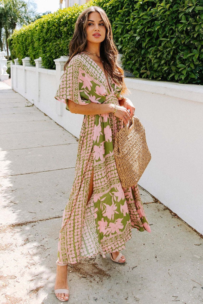 Eunice Baskılı V Yaka Maxi Elbise