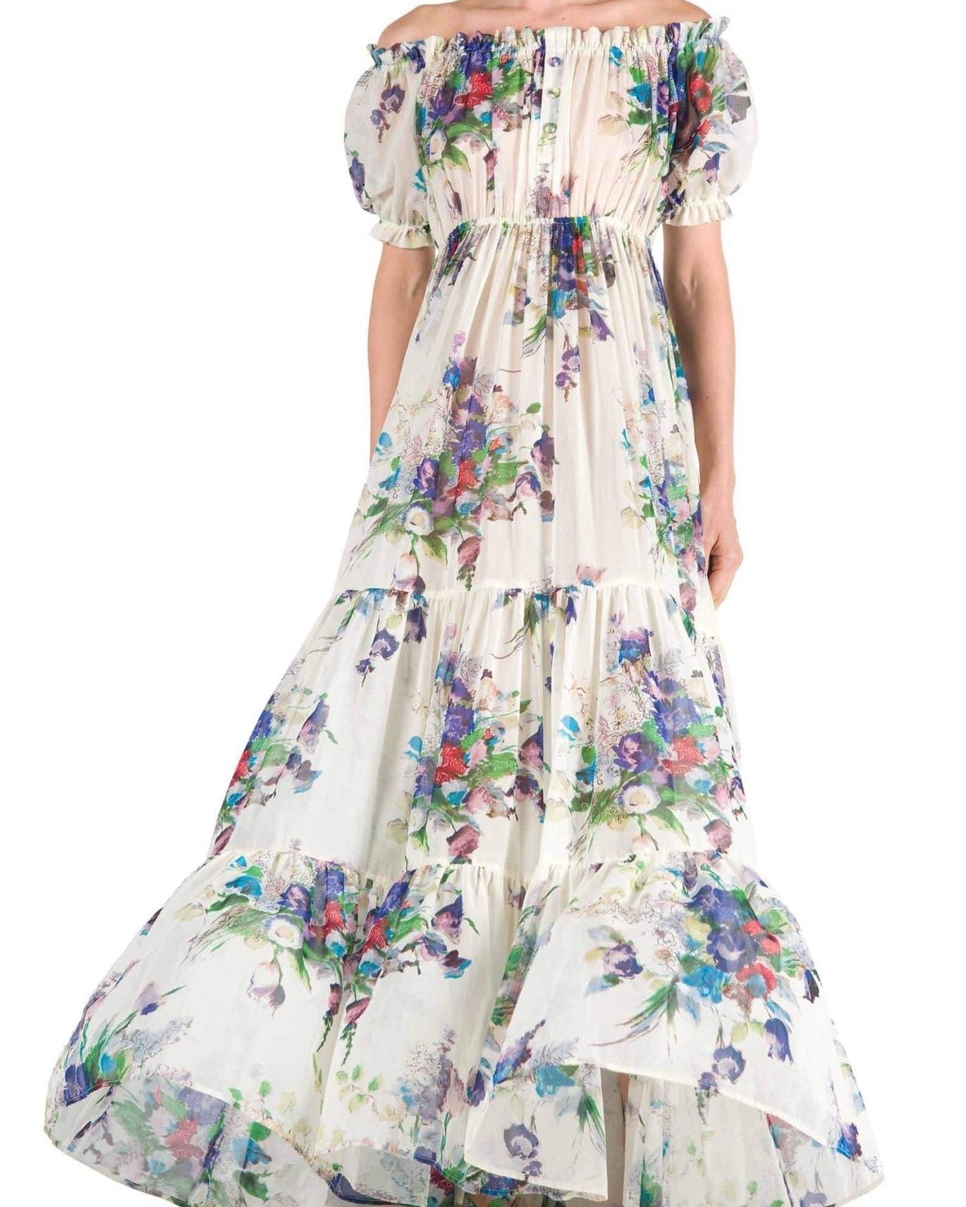 Evadane Baskılı Omuzu Açık Piliseli Maxi Elbise