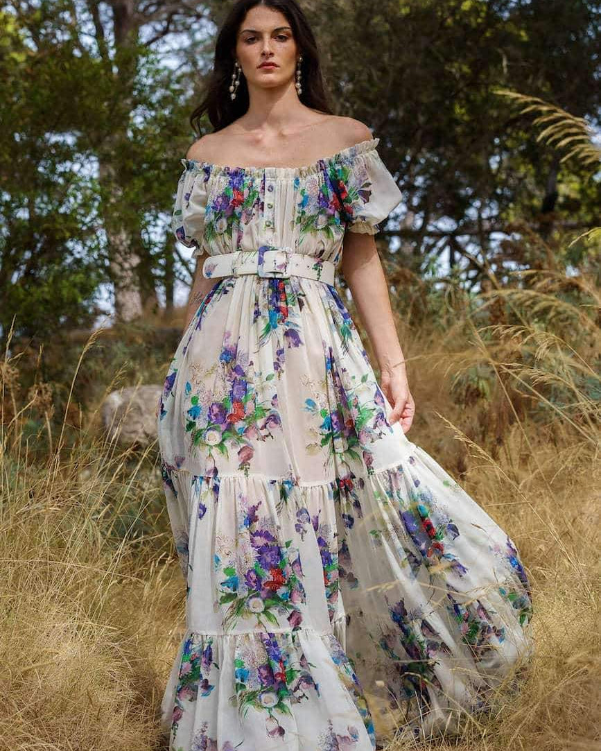 Evadane Baskılı Omuzu Açık Piliseli Maxi Elbise