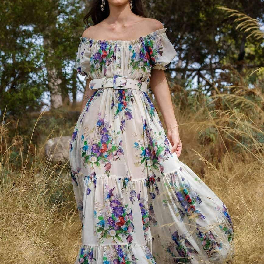 Evadane Baskılı Omuzu Açık Piliseli Maxi Elbise