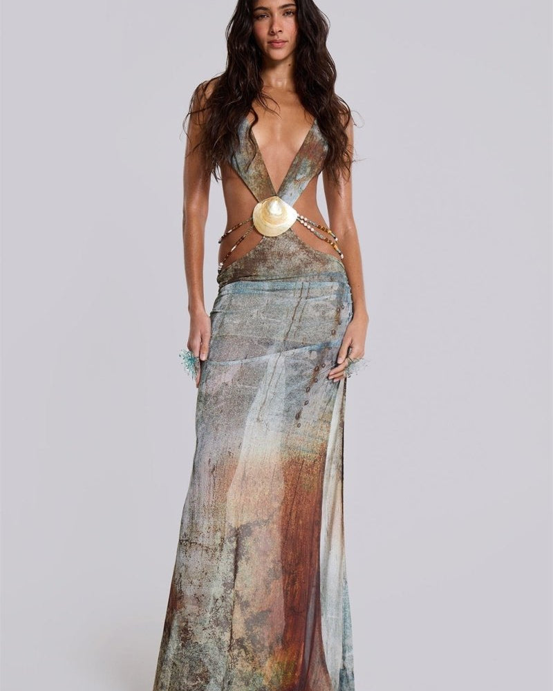 Eve Halter Yaka Kabuk Kesim Uzun File Elbise