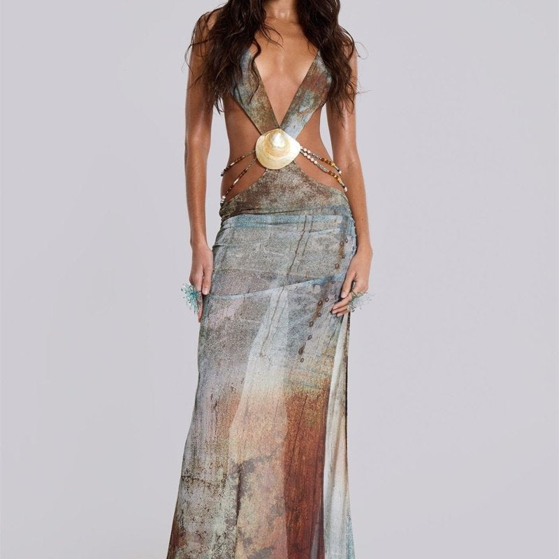 Eve Halter Yaka Kabuk Kesim Uzun File Elbise