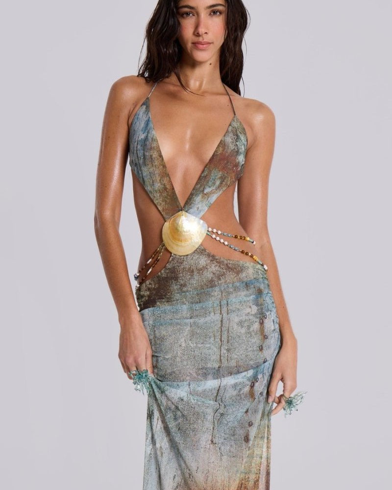 Eve Halter Yaka Kabuk Kesim Uzun File Elbise