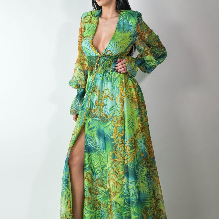 Eve Tropikal Desenli V-nevk Uzun Elbise