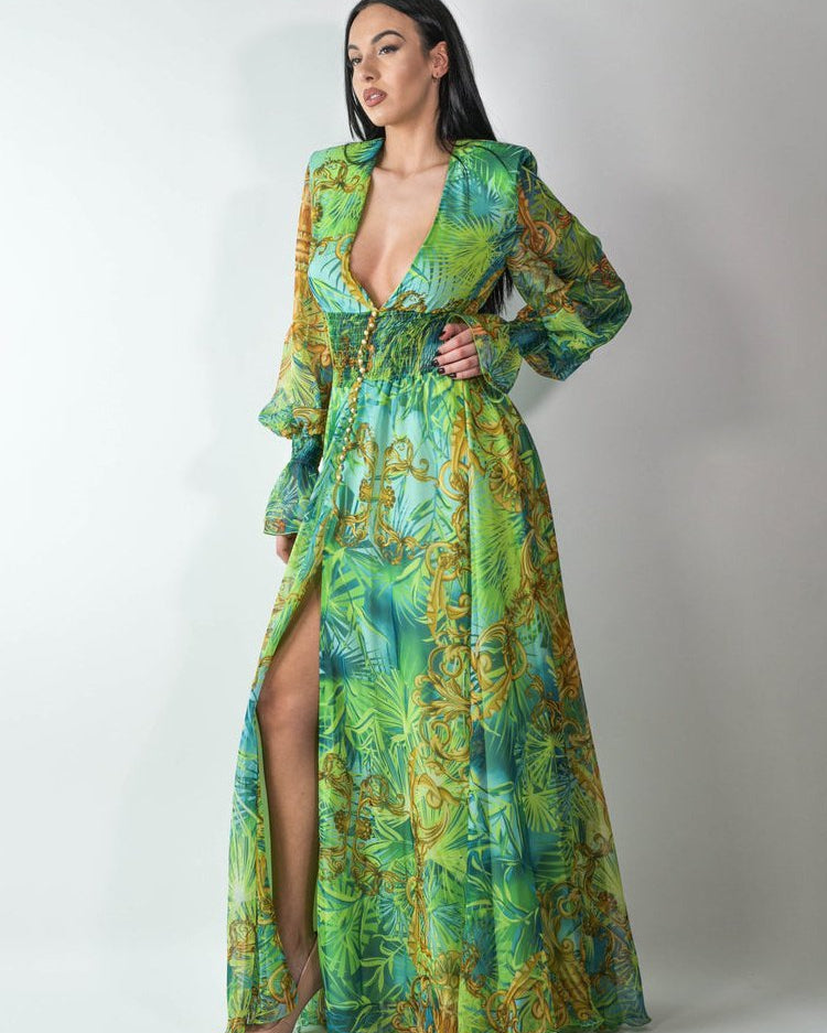 Eve Tropikal Desenli V-nevk Uzun Elbise