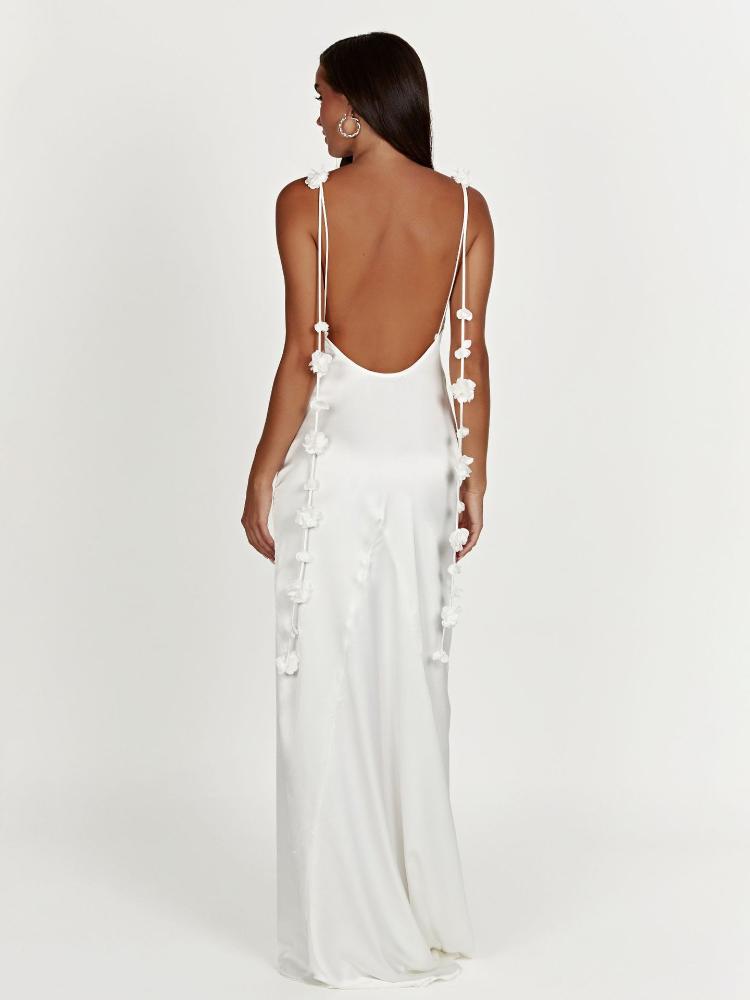 Evelyn Sırtı Açık Çiçek Püsküllü Saten Maxi Elbise