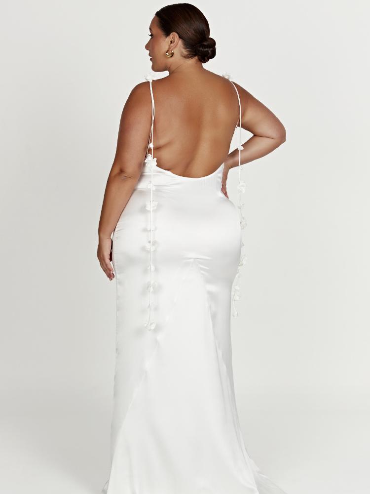 Evelyn Sırtı Açık Çiçek Püsküllü Saten Maxi Elbise