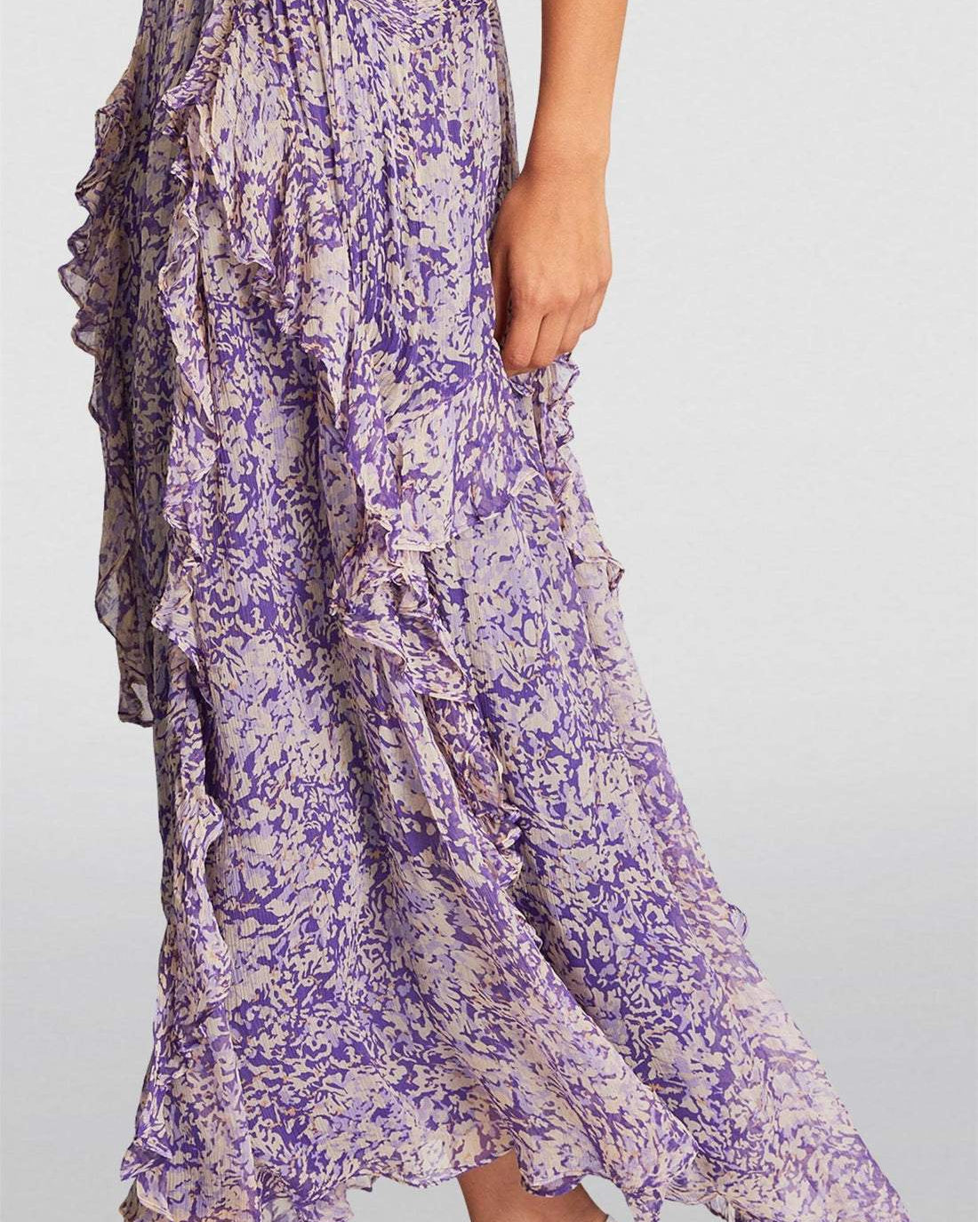 Flo Baskılı Plise Fırfırlı Uzun Elbise