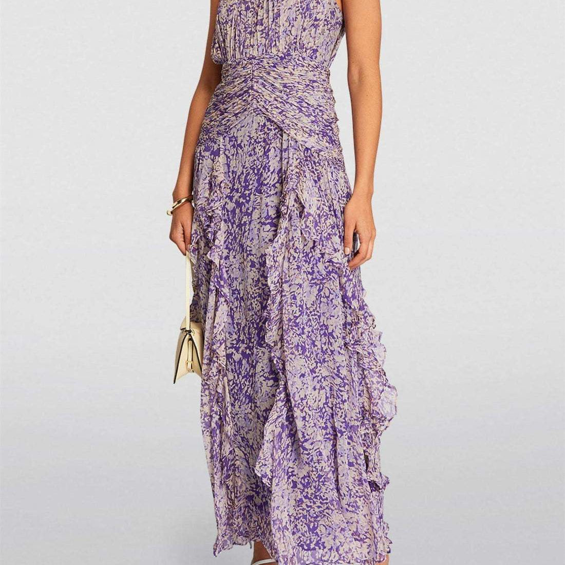 Flo Baskılı Plise Fırfırlı Uzun Elbise