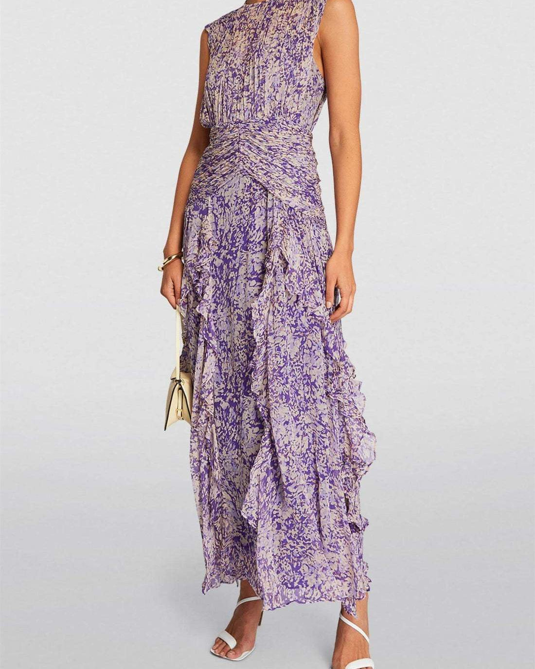 Flo Baskılı Plise Fırfırlı Uzun Elbise