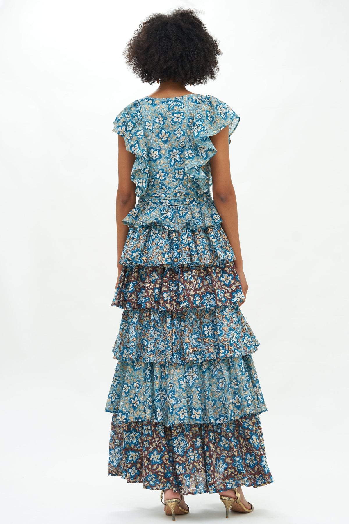 Fran Baskılı Fırfırlı Katlı Maxi Elbise