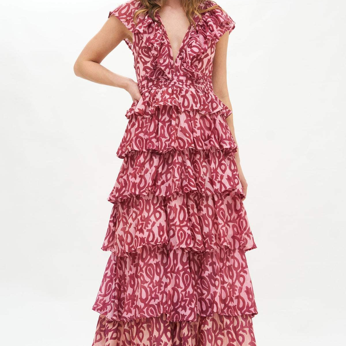 Fran Baskılı Fırfırlı Katlı Maxi Elbise