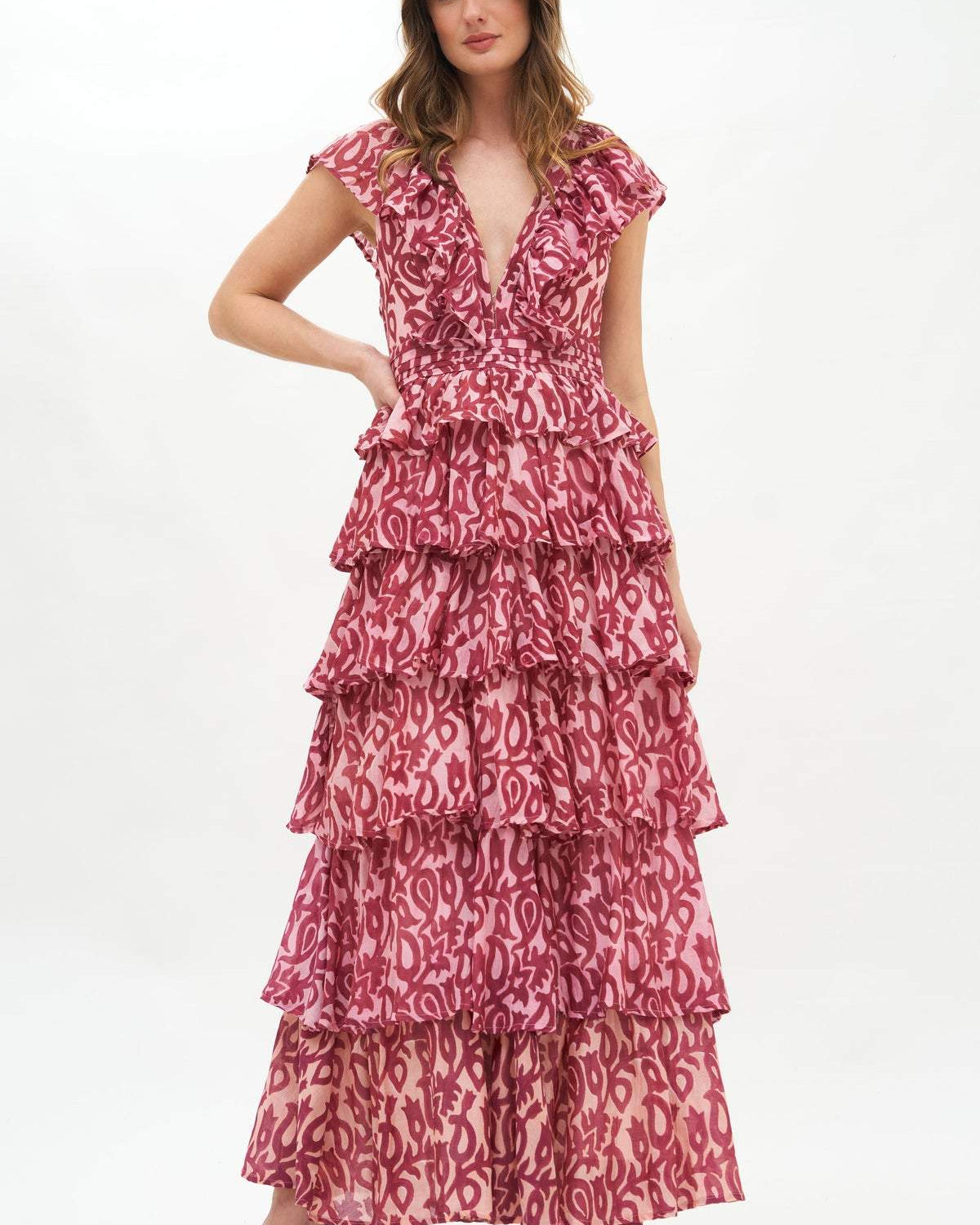 Fran Baskılı Fırfırlı Katlı Maxi Elbise