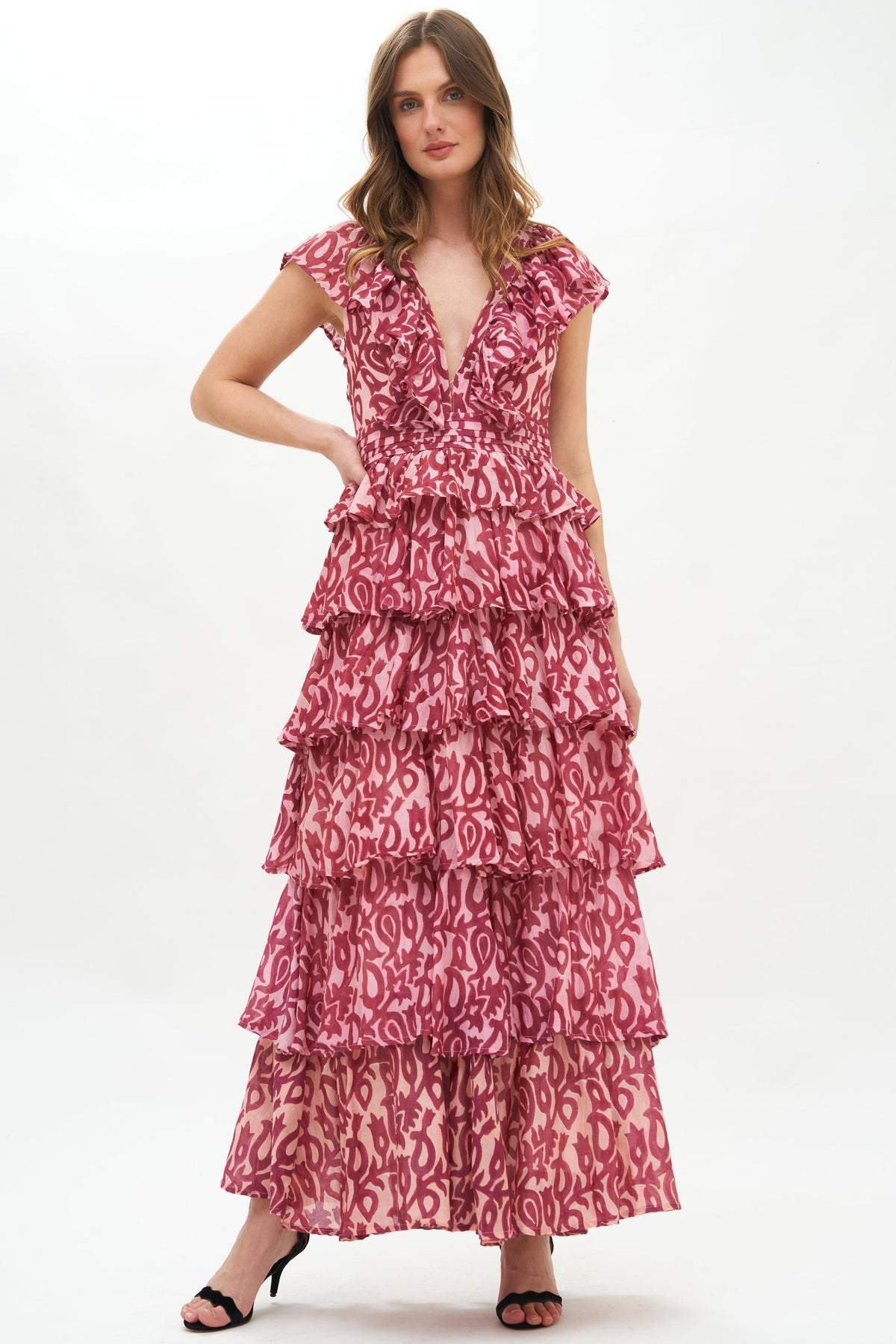 Fran Baskılı Fırfırlı Katlı Maxi Elbise