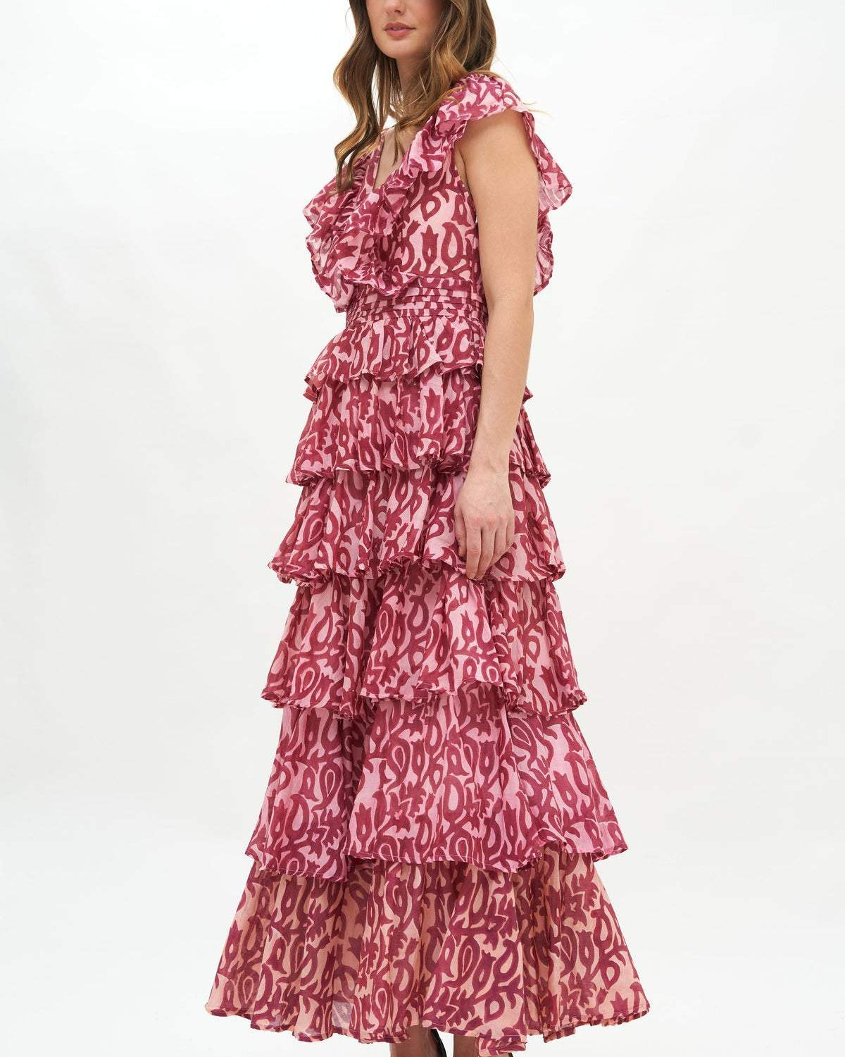 Fran Baskılı Fırfırlı Katlı Maxi Elbise
