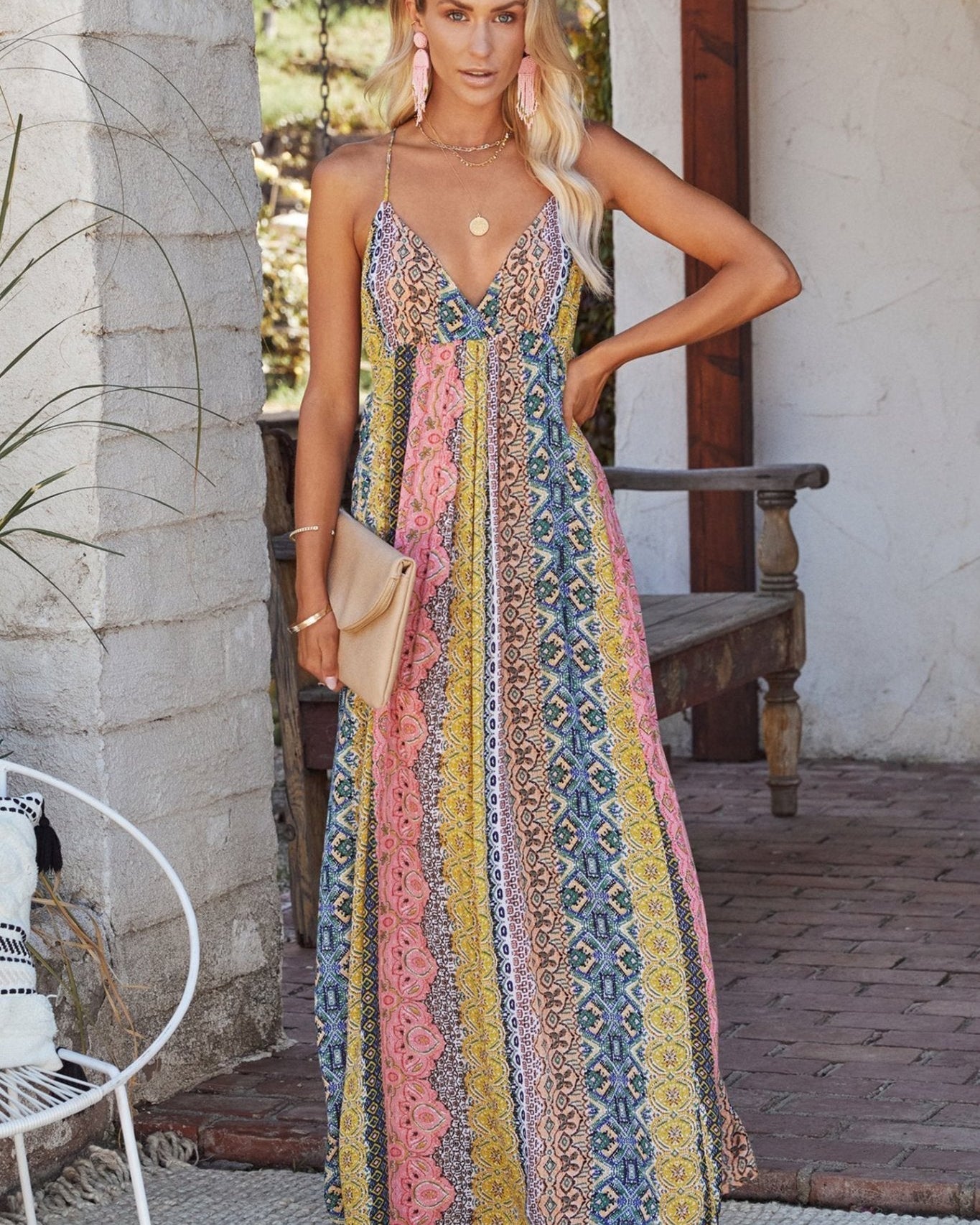 Freda Baskılı Çizgili Sırtı Açık Uzun Yaz Elbisesi