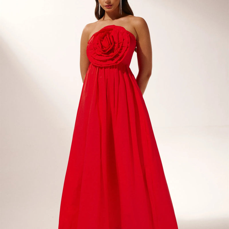 Oymalı Çiçek Straplez Maxi Elbise