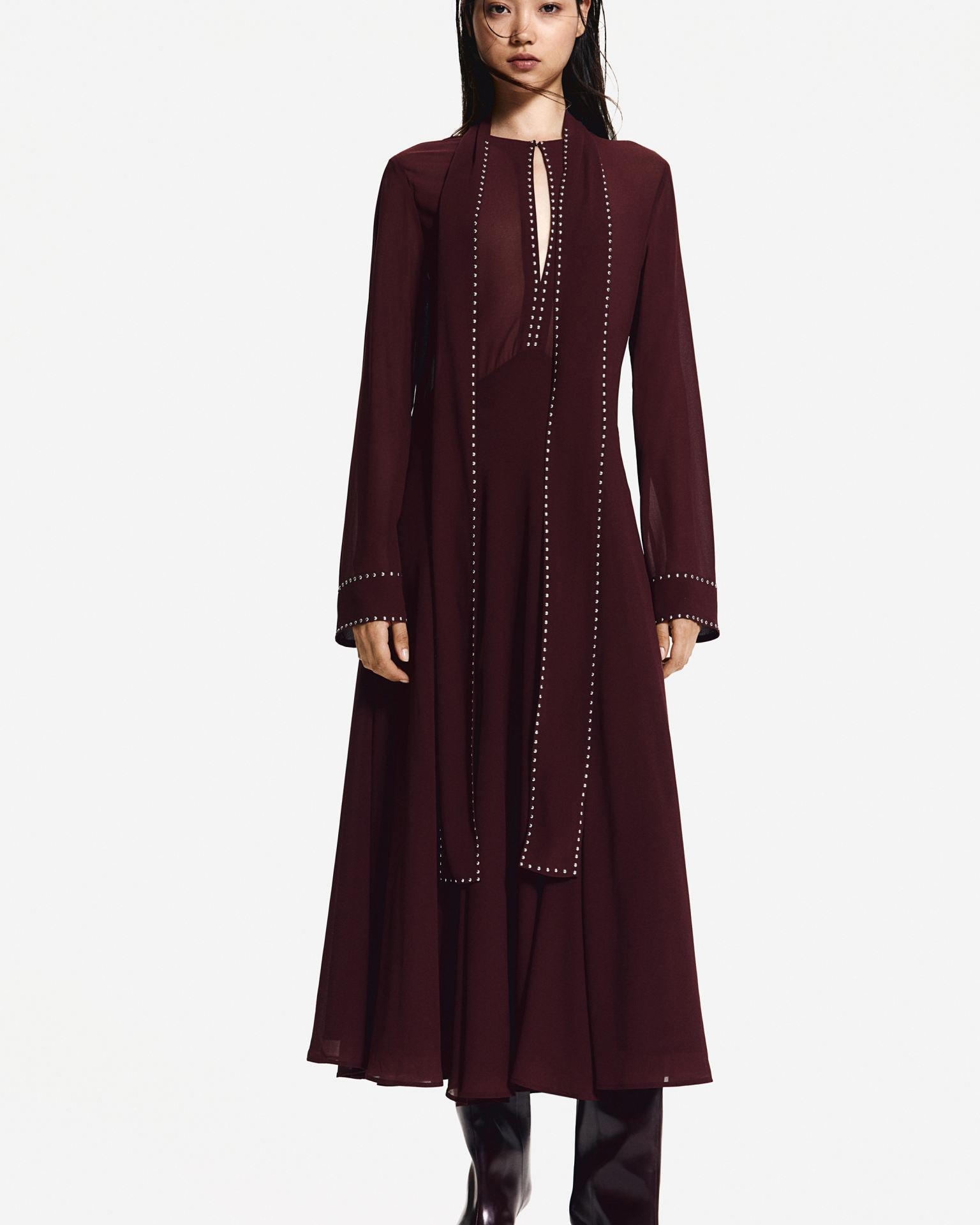 Perçinli Şifon Midi Elbise