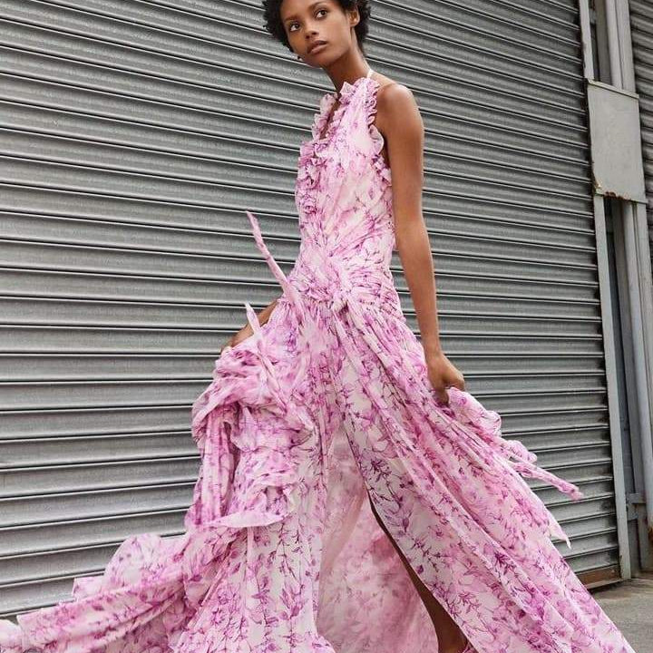 Gabrielle Boyundan Bağlamalı Fırfırlı Maxi Elbise