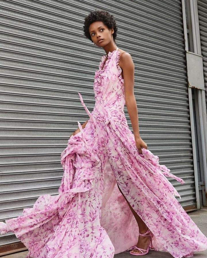 Gabrielle Boyundan Bağlamalı Fırfırlı Maxi Elbise