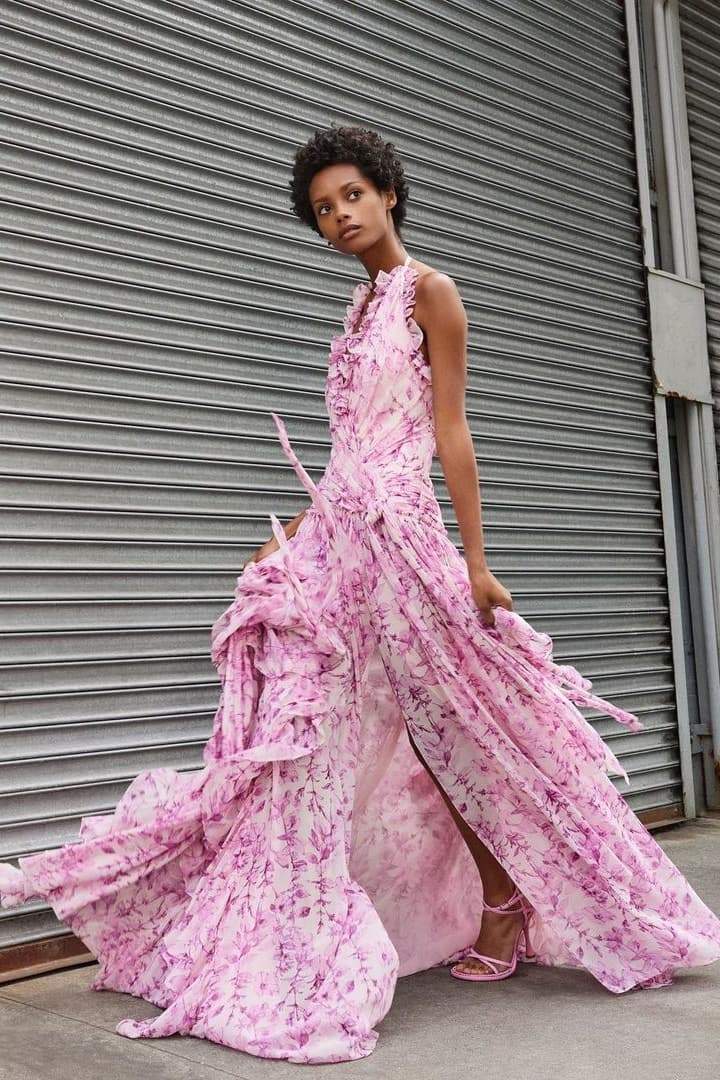 Gabrielle Boyundan Bağlamalı Fırfırlı Maxi Elbise