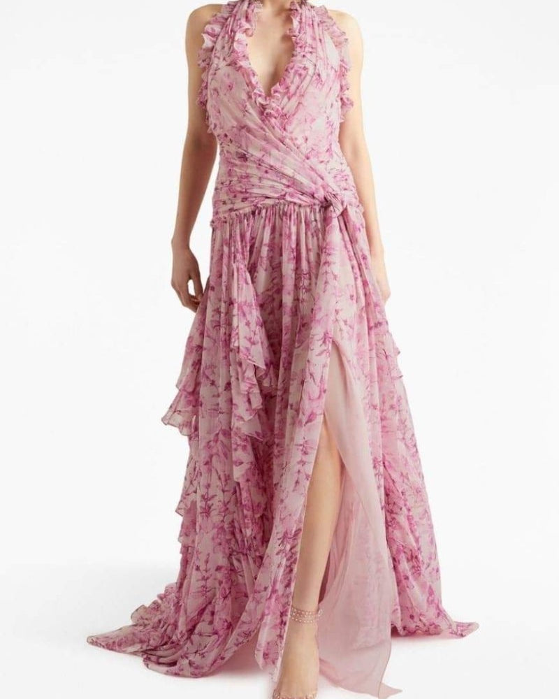 Gabrielle Boyundan Bağlamalı Fırfırlı Maxi Elbise
