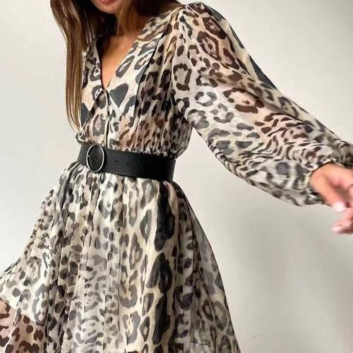 Gail Baskılı V Yaka Kemerli Şifon Mini Elbise