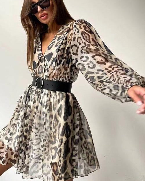 Gail Baskılı V Yaka Kemerli Şifon Mini Elbise