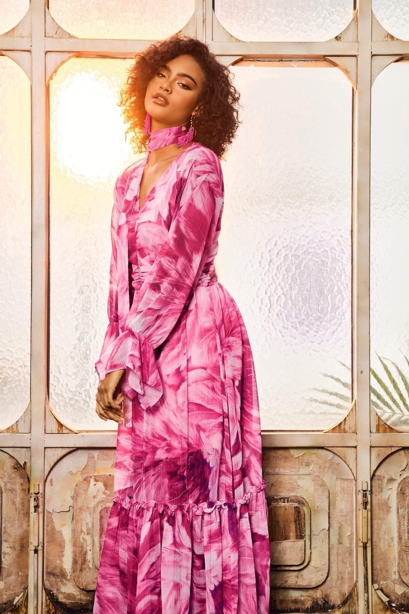 Gilda V Yaka Şifon Maxi Elbise