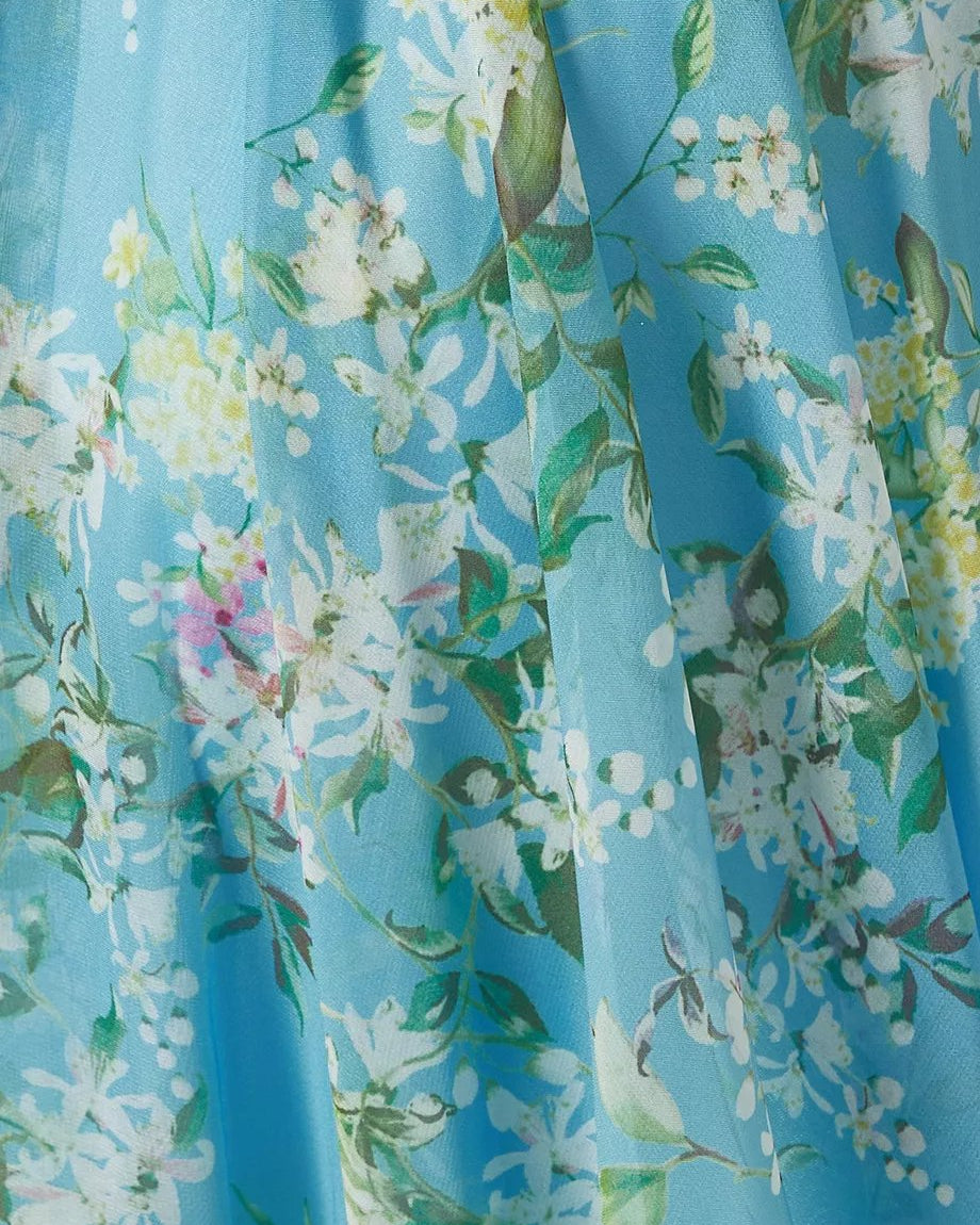 Ginny Baskılı Fırfırlı Bağcıklı Şifon Maxi Elbise