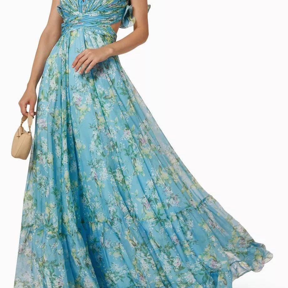 Ginny Baskılı Fırfırlı Bağcıklı Şifon Maxi Elbise