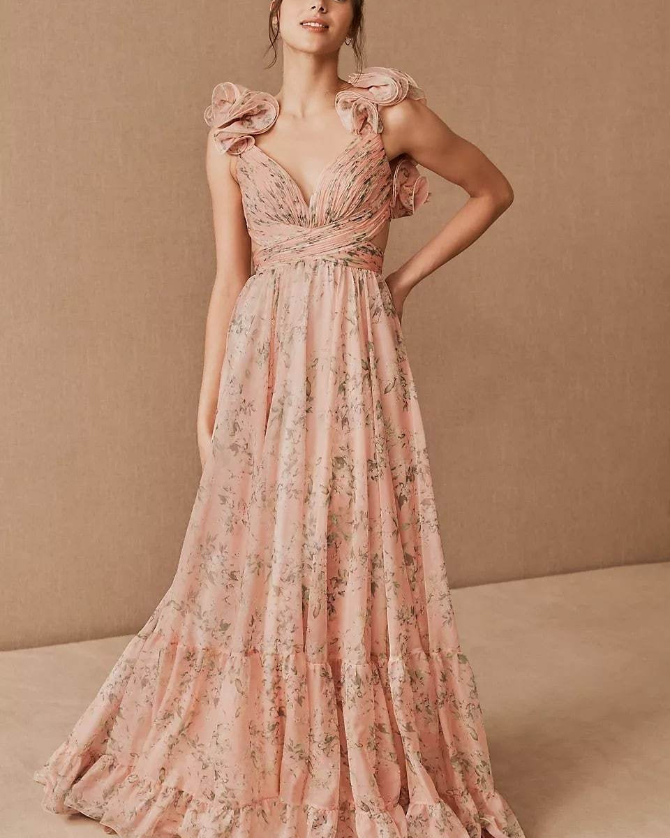 Ginny Baskılı Fırfırlı Bağcıklı Şifon Maxi Elbise