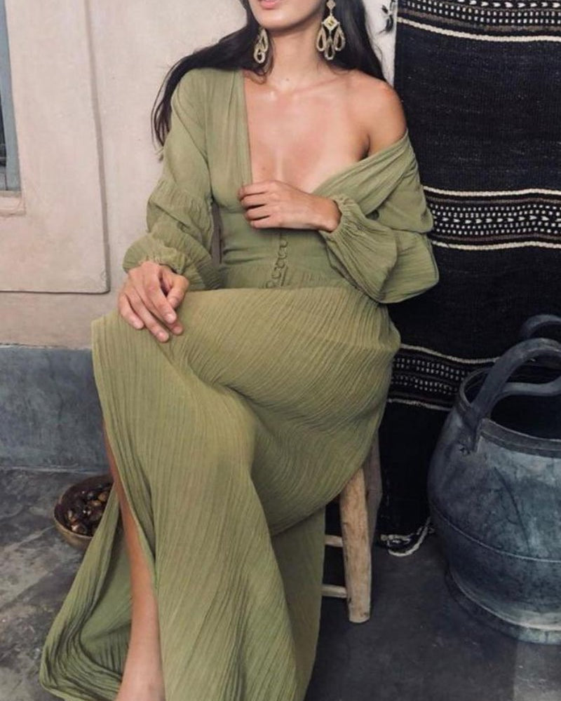 Giselle V yakalı Plisse Maxi Milkmaid Elbise