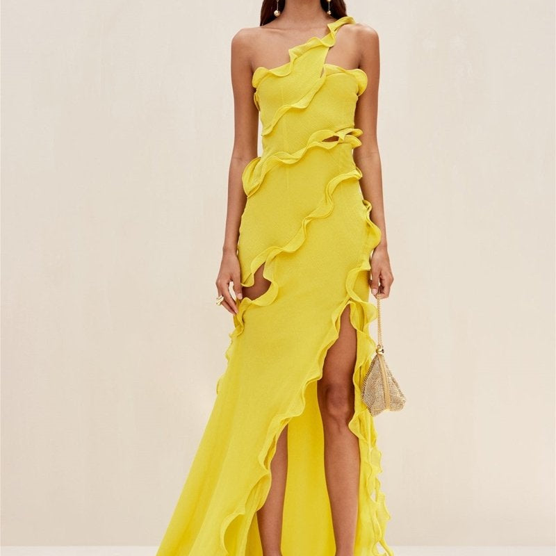 Gloria Tek Omuzlu Volanlı Uzun Şifon Elbise