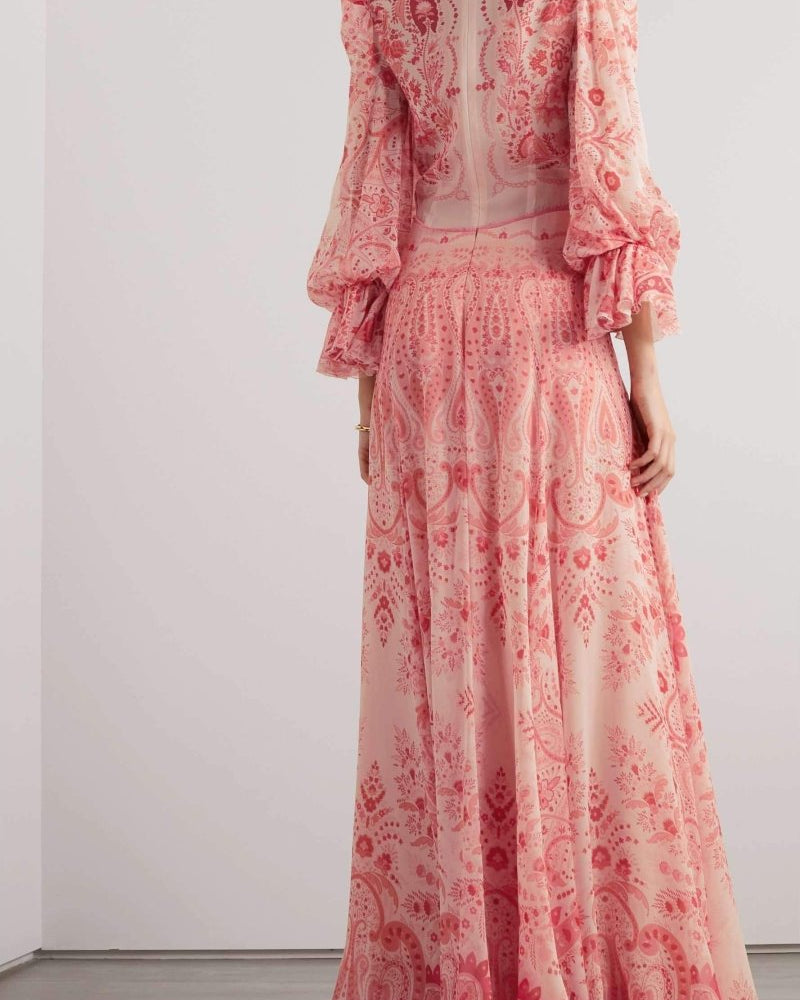 Gloria Paisley Baskılı Fırfırlı Uzun Elbise