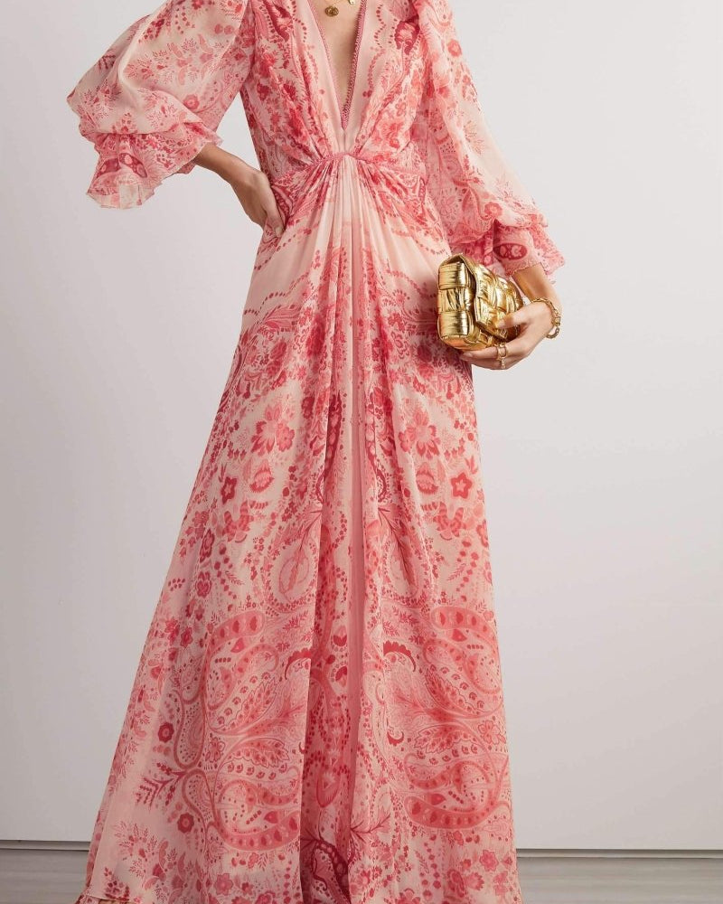 Gloria Paisley Baskılı Fırfırlı Uzun Elbise