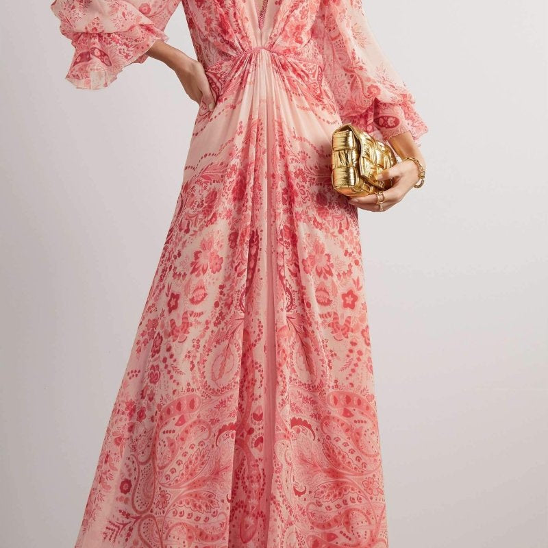 Gloria Paisley Baskılı Fırfırlı Uzun Elbise