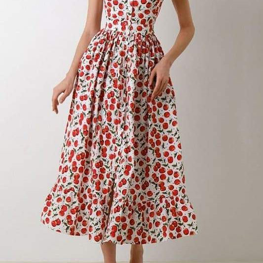 Griselda Kiraz Baskılı Volanlı Midi Elbise