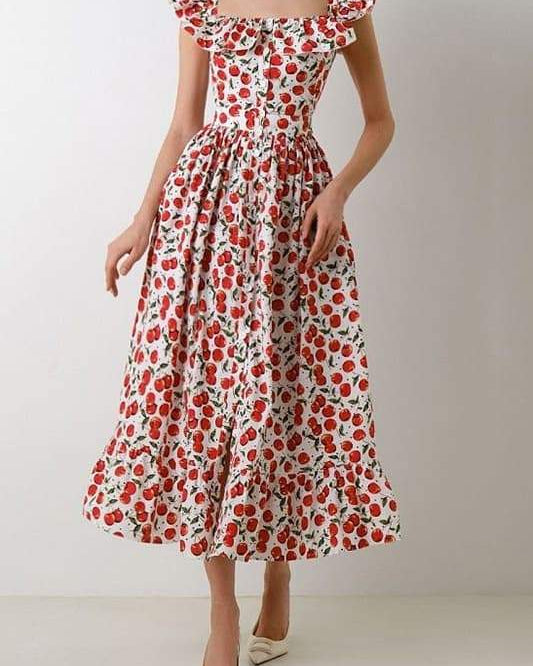 Griselda Kiraz Baskılı Volanlı Midi Elbise