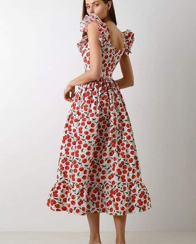Griselda Kiraz Baskılı Volanlı Midi Elbise