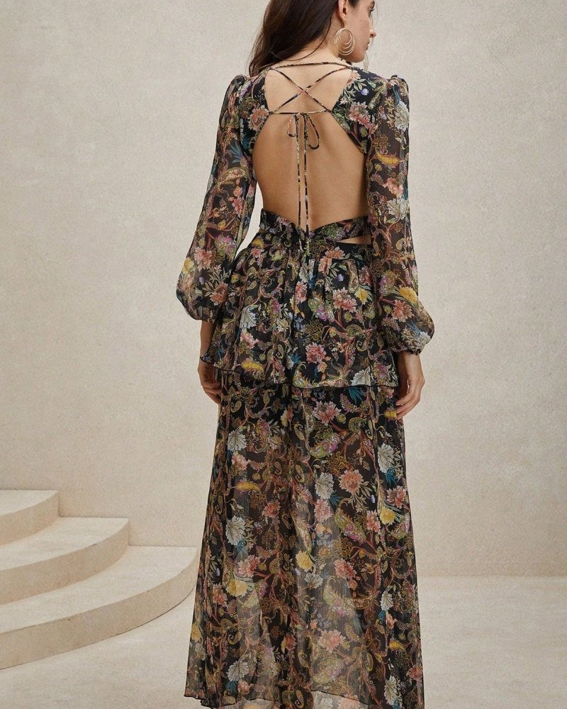 Griselda Çiçek Baskılı Kesikli Şifon Uzun Elbise