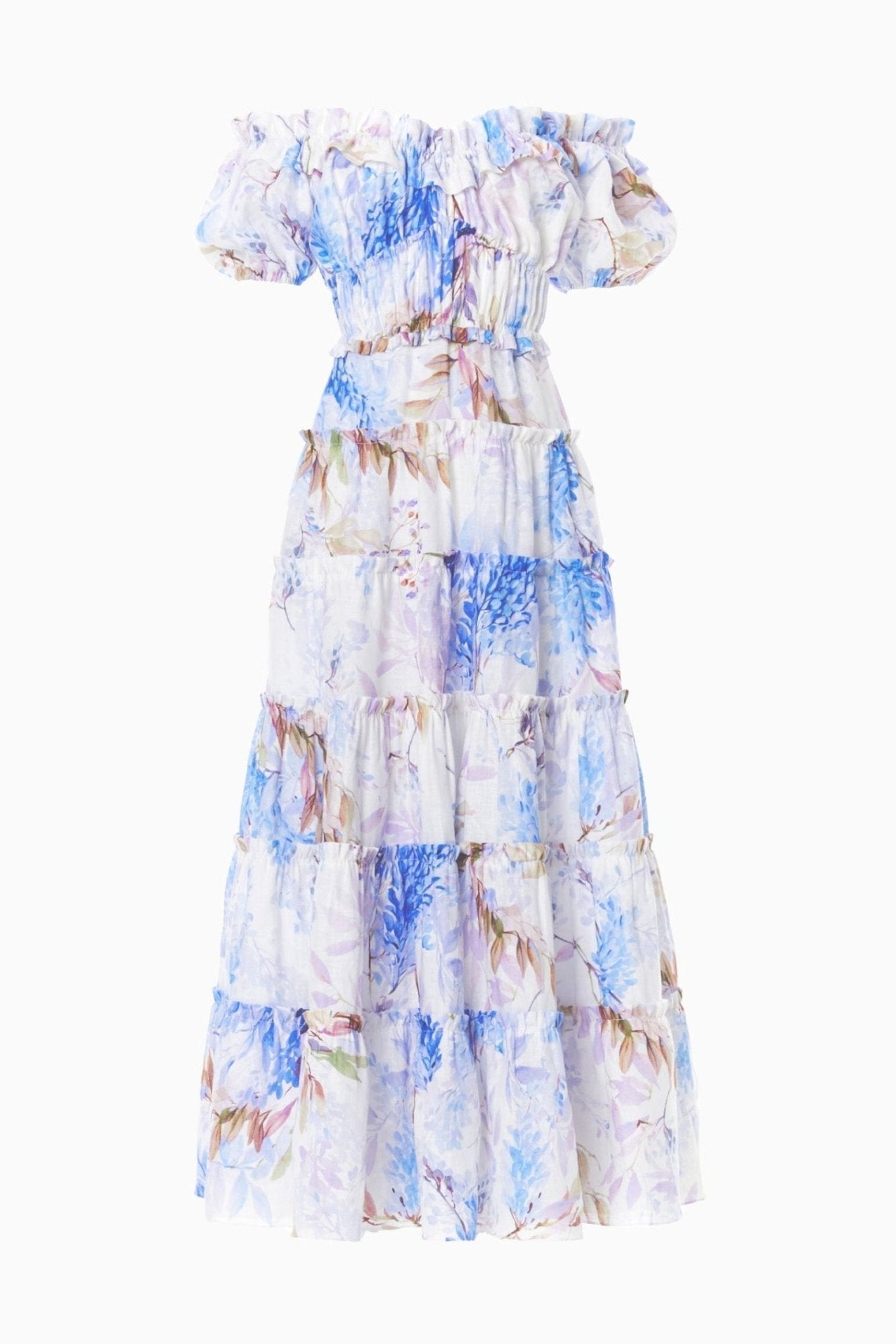 Heather Baskılı Fırfırlı Katlı Uzun Elbise