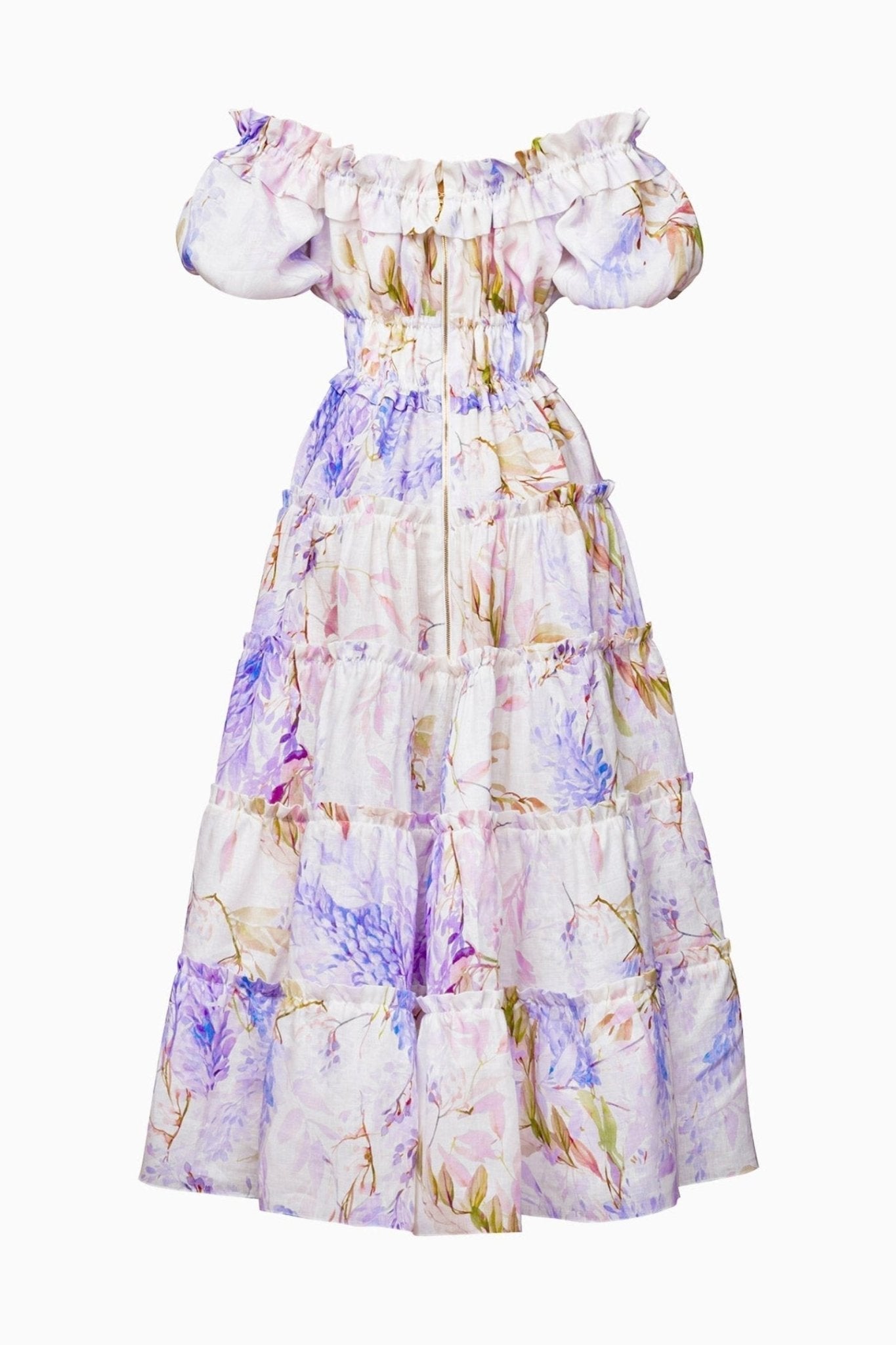 Heather Baskılı Fırfırlı Katlı Uzun Elbise